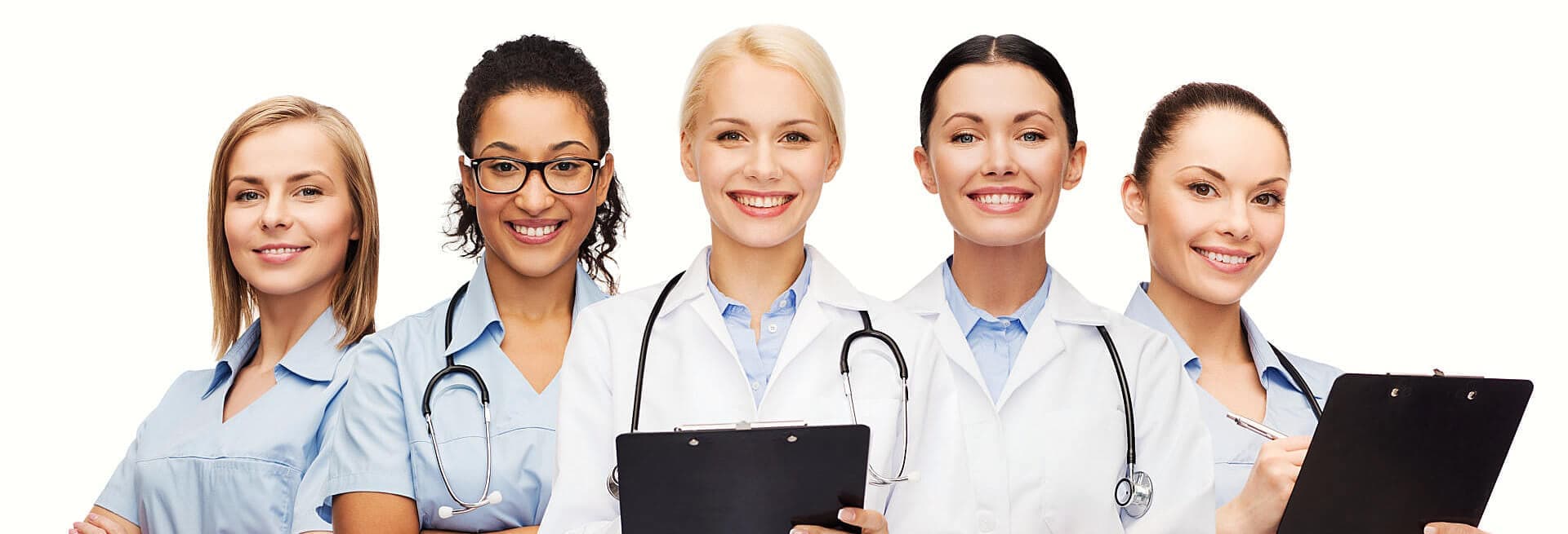 multiracial female doctors with stethoscope  smiling at camera